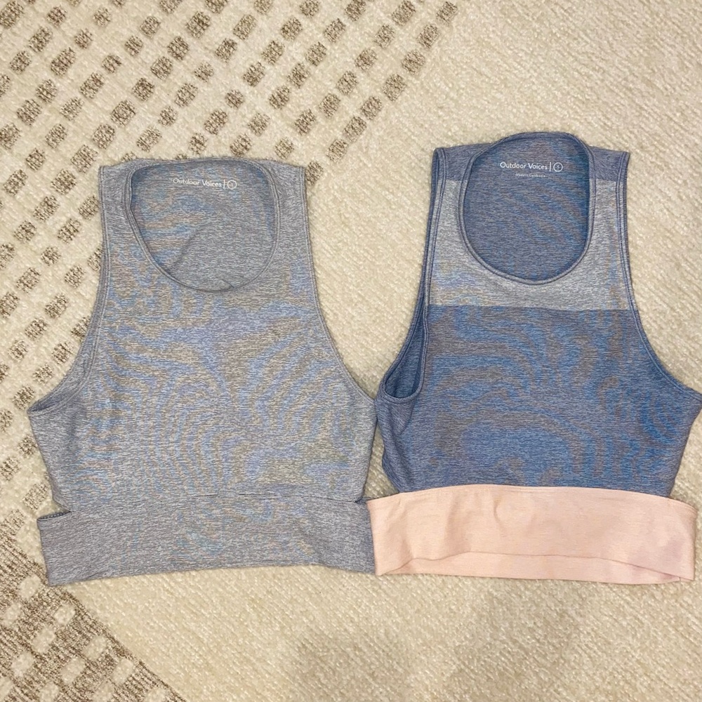 Set of two OUTDOOR VOICES SLASHBACK Crop Top Tank, Grey and Tri-Tone Size SMALL